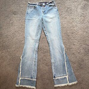 LONDONJEAN FRINGE BIG BELL BOTTOM BLUE JEANS Y2K RETRO FRAYED BOHO W30 L34 TALL